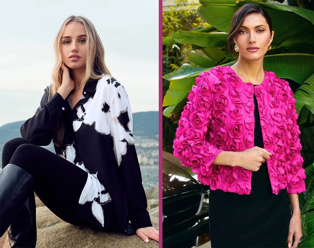 Designer spotlight imagery featuring models wearing high-end fashion pieces.